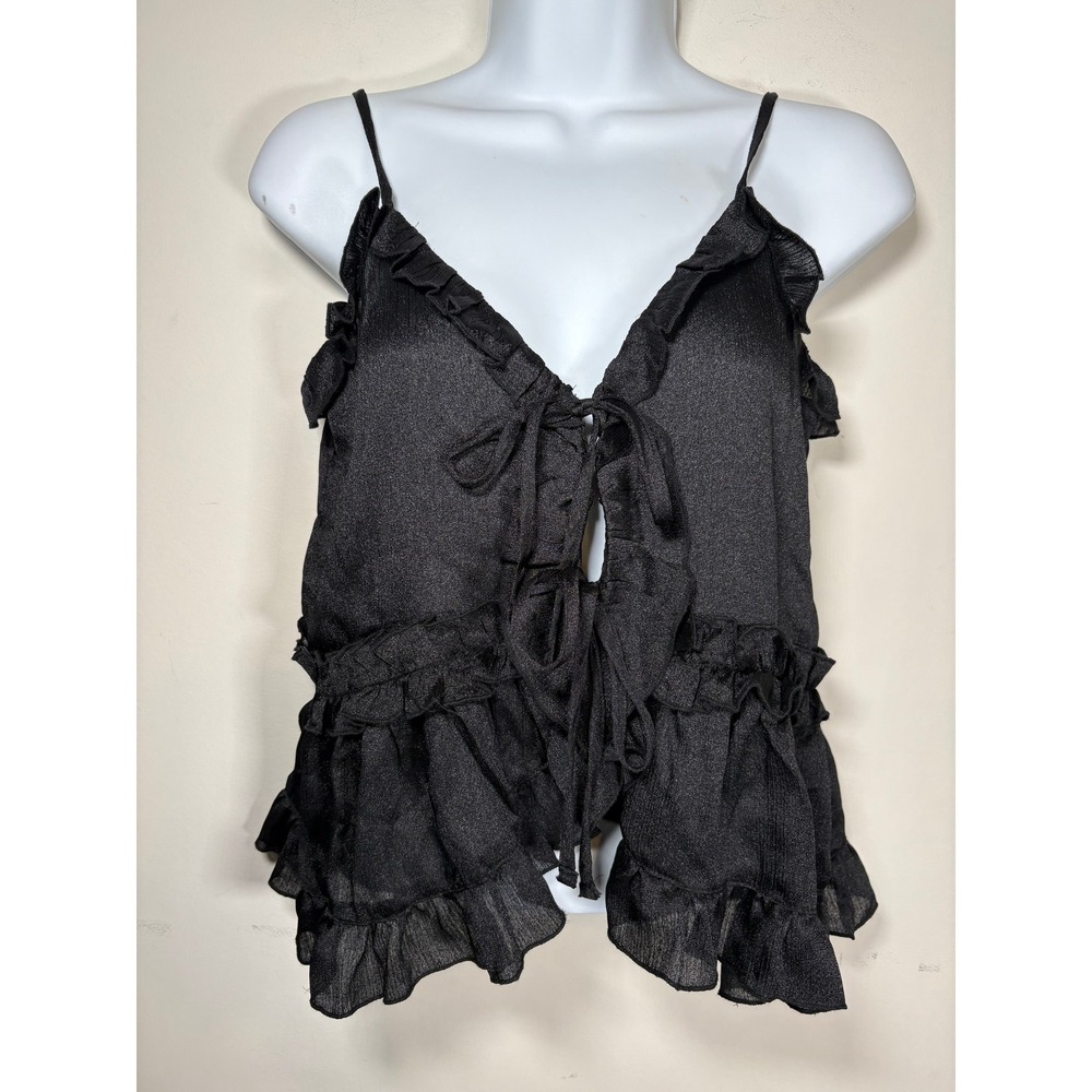 House of Harlow Cami Top Black Ruffle Front Tie Peplum Coquette Ethereal XS